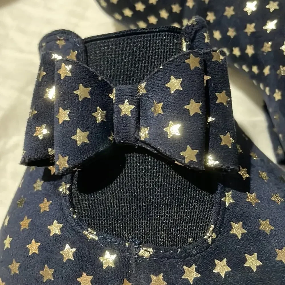 Tahari 12 navy blue gold stars ankle boots side zipper rubber soles guc fez